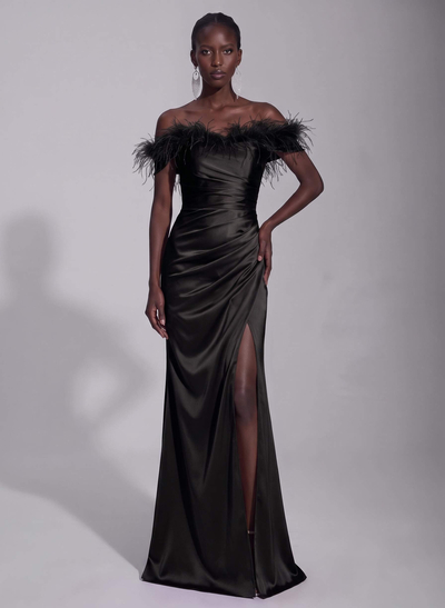 Sheath/Column Off-The-Shoulder Sleeveless Floor-Length Silk Like Satin Evening Dresses With Split Front