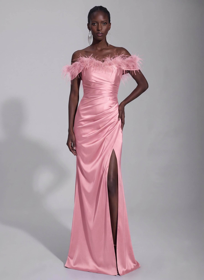 Sheath/Column Off-The-Shoulder Sleeveless Floor-Length Silk Like Satin Evening Dresses With Split Front