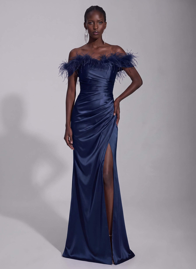 Sheath/Column Off-The-Shoulder Sleeveless Floor-Length Silk Like Satin Evening Dresses With Split Front