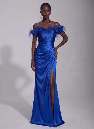 Sheath/Column Off-The-Shoulder Sleeveless Floor-Length Silky Satin Evening Dresses With Front Split