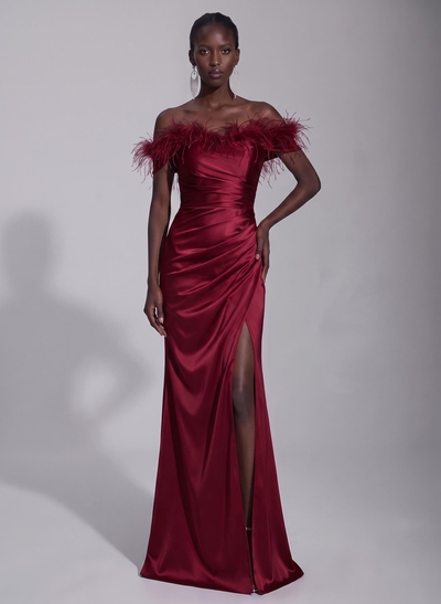 Sheath/Column Off-The-Shoulder Sleeveless Floor-Length Silk Like Satin Evening Dresses With Split Front