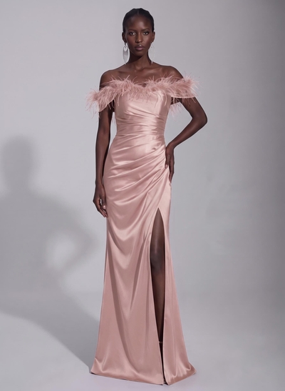 Sheath/Column Off-The-Shoulder Sleeveless Floor-Length Silk Like Satin Evening Dresses With Split Front