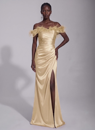 Sheath/Column Off-The-Shoulder Sleeveless Floor-Length Silk Like Satin Evening Dresses With Split Front