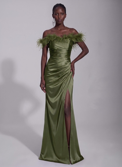 Sheath/Column Off-The-Shoulder Sleeveless Floor-Length Silk Like Satin Evening Dresses With Split Front