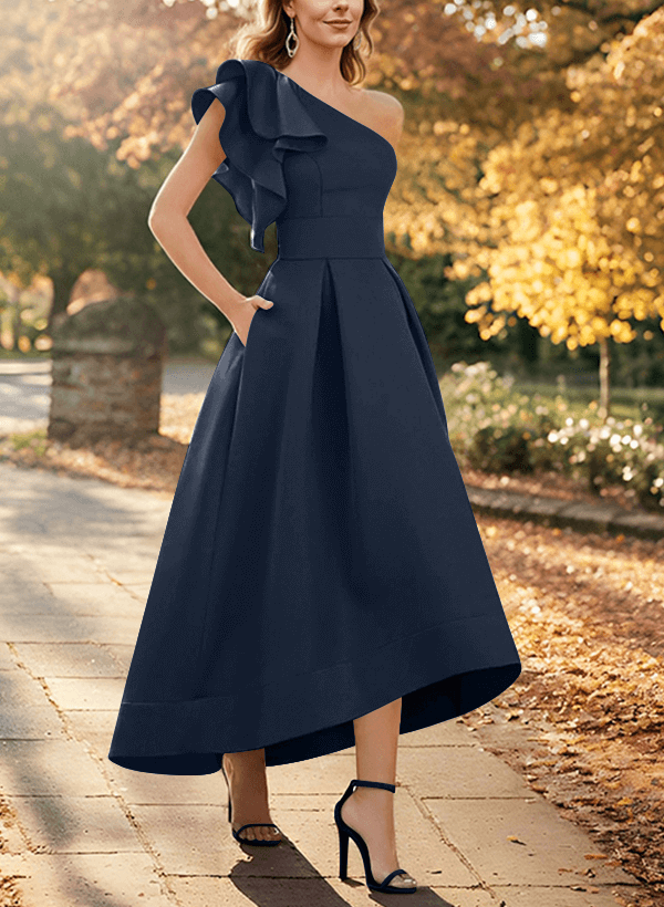 A-Line One-Shoulder Asymmetrical Satin Evening Dresses With Pockets