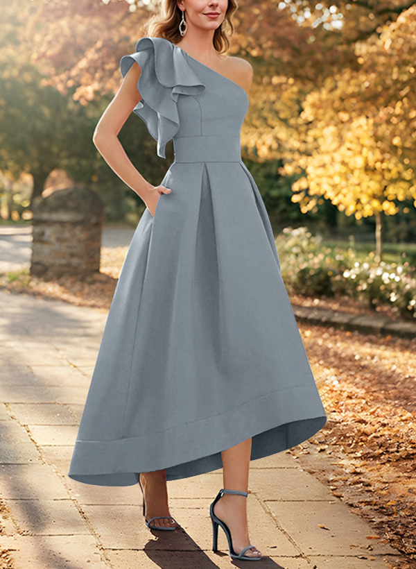 A-Line One-Shoulder Asymmetrical Satin Evening Dresses With Pockets