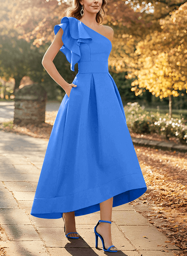 A-Line One-Shoulder Asymmetrical Satin Evening Dresses With Pockets