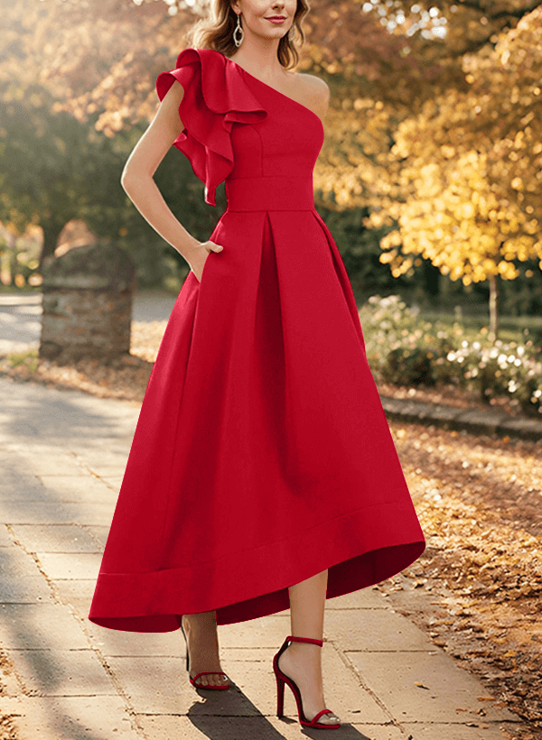 A-Line One-Shoulder Asymmetrical Satin Evening Dresses With Pockets