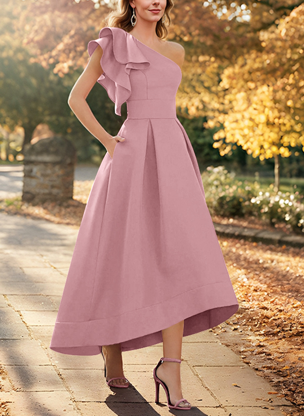 A-Line One-Shoulder Asymmetrical Satin Evening Dresses With Pockets