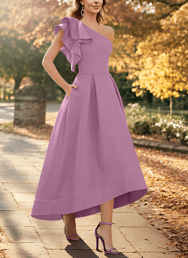 A-Line One-Shoulder Asymmetrical Satin Evening Dresses With Pockets
