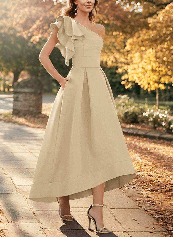 A-Line One-Shoulder Asymmetrical Satin Evening Dresses With Pockets