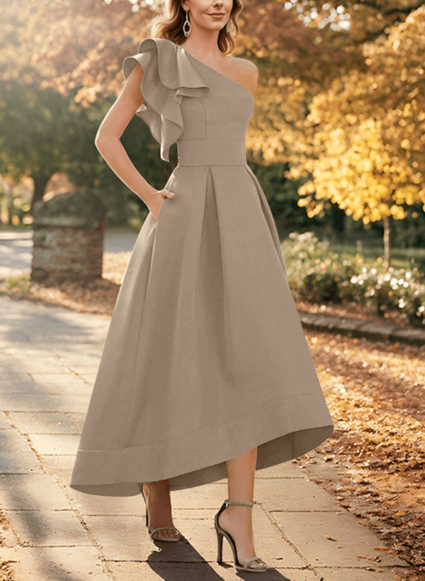 A-Line One-Shoulder Asymmetrical Satin Evening Dresses With Pockets