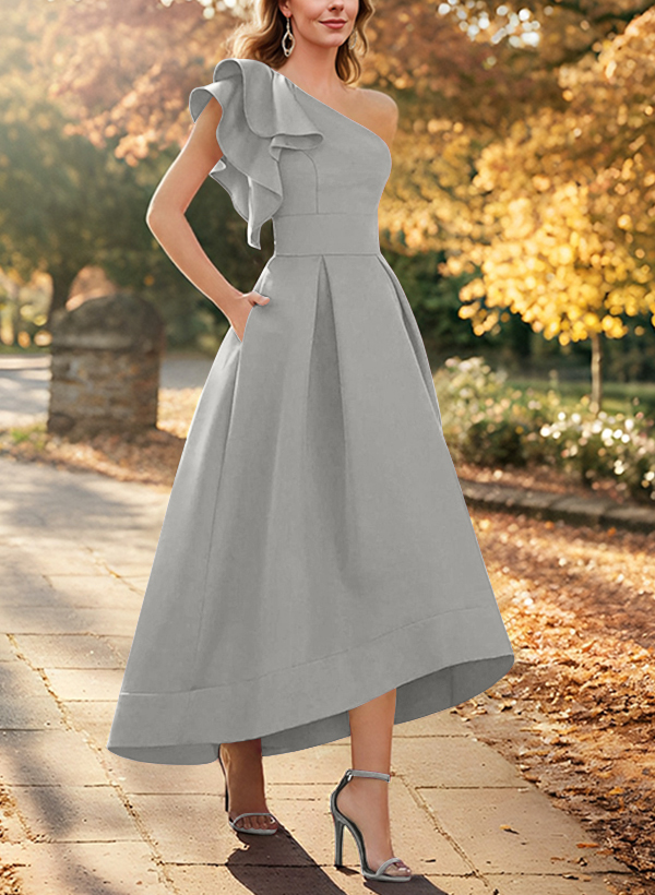 A-Line One-Shoulder Asymmetrical Satin Evening Dresses With Pockets