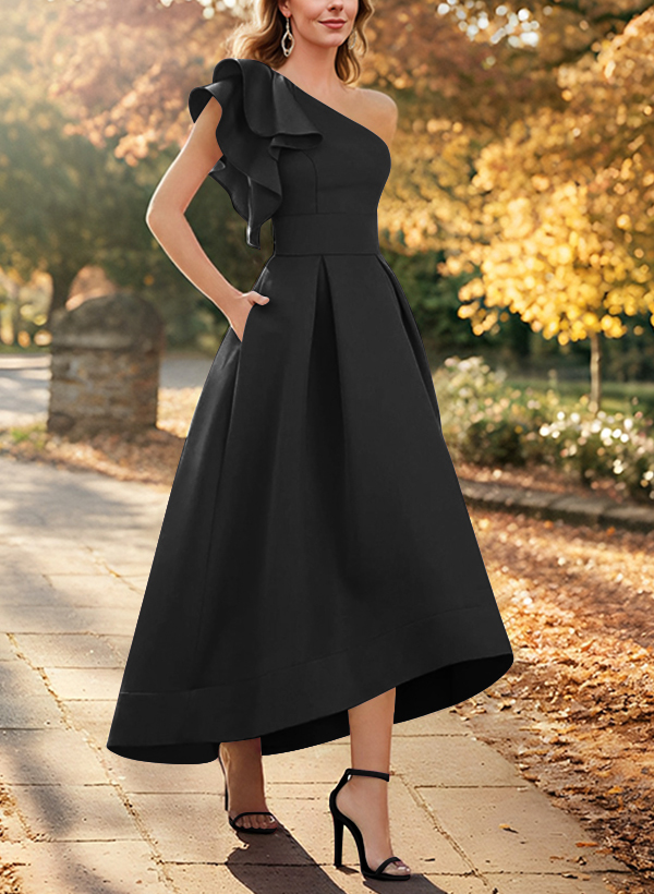 A-Line One-Shoulder Asymmetrical Satin Evening Dresses With Pockets
