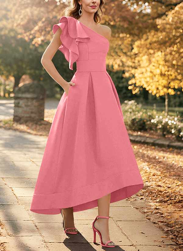 A-Line One-Shoulder Asymmetrical Satin Evening Dresses With Pockets