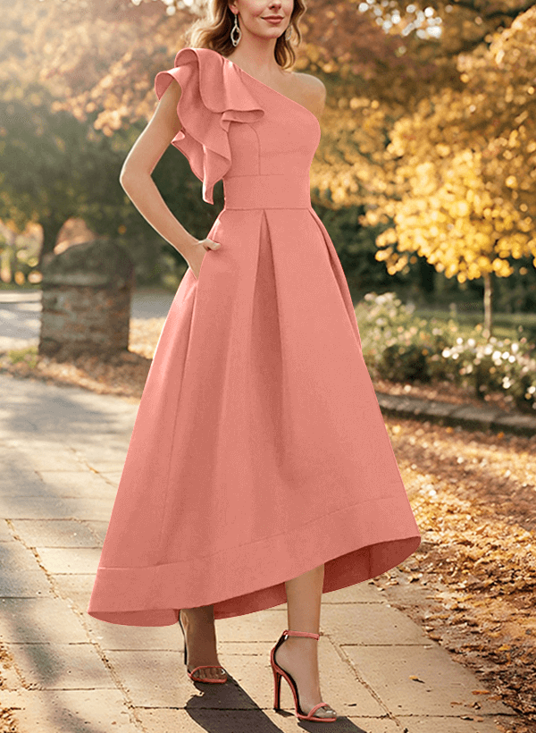 A-Line One-Shoulder Asymmetrical Satin Evening Dresses With Pockets