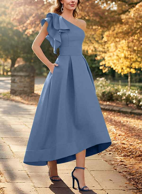 A-Line One-Shoulder Asymmetrical Satin Evening Dresses With Pockets