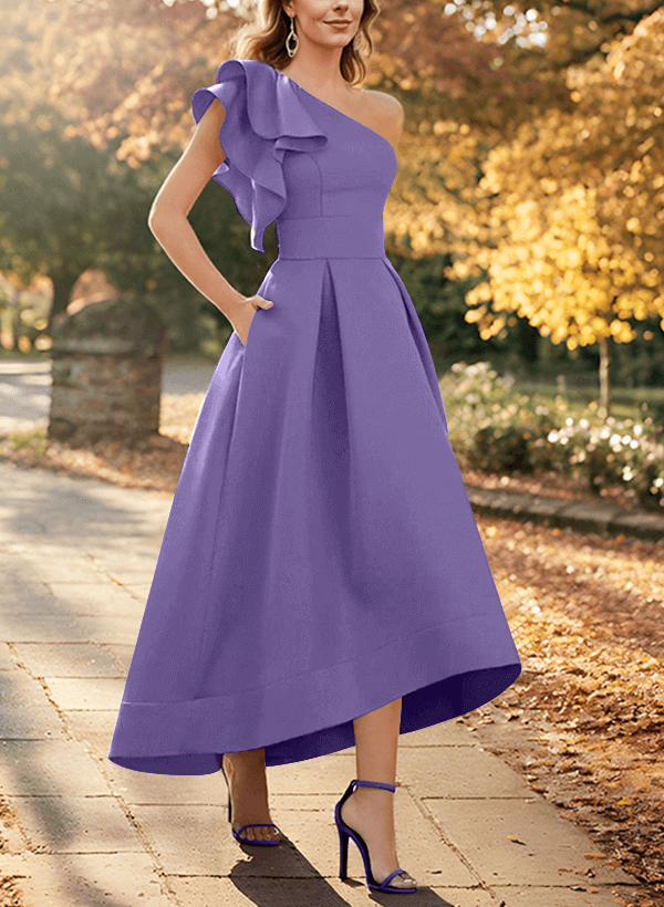 A-Line One-Shoulder Asymmetrical Satin Evening Dresses With Pockets