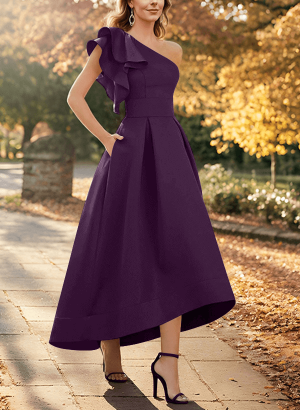 A-Line One-Shoulder Asymmetrical Satin Evening Dresses With Pockets