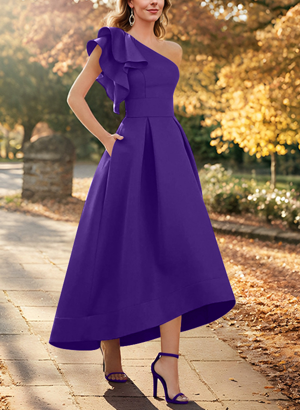 A-Line One-Shoulder Asymmetrical Satin Evening Dresses With Pockets