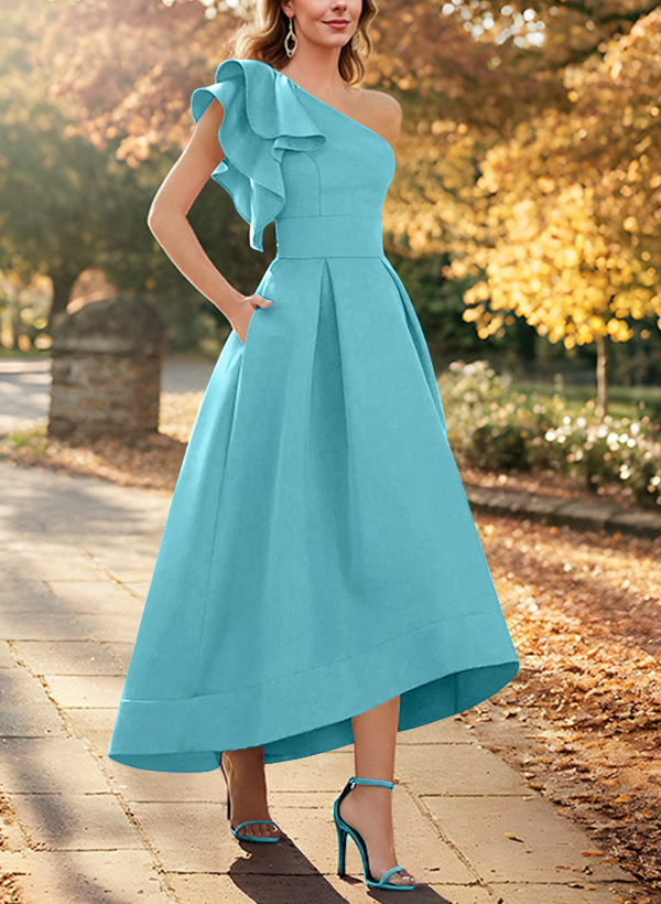 A-Line One-Shoulder Asymmetrical Satin Evening Dresses With Pockets