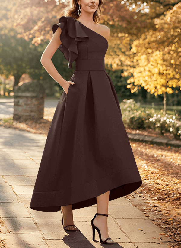A-Line One-Shoulder Asymmetrical Satin Evening Dresses With Pockets