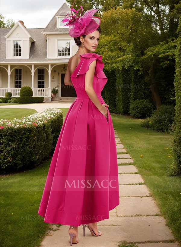 A-Line One-Shoulder Asymmetrical Satin Evening Dresses With Pockets