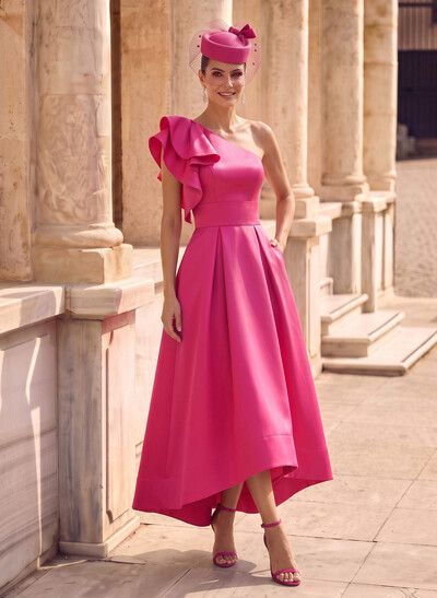A-Line One-Shoulder Asymmetrical Satin Evening Dresses With Pockets