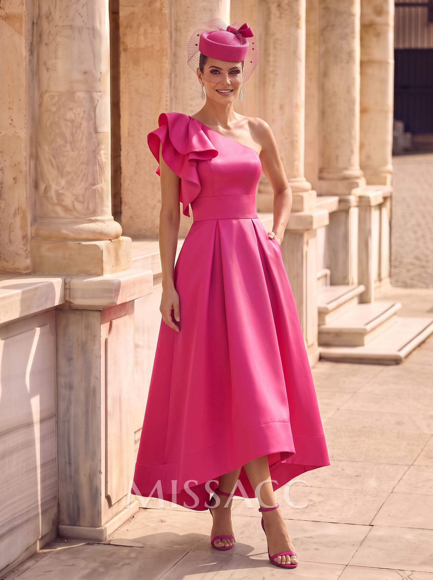 A-Line One-Shoulder Asymmetrical Satin Evening Dresses With Pockets