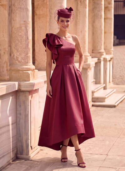 A-Line One-Shoulder Asymmetrical Satin Evening Dresses With Pockets
