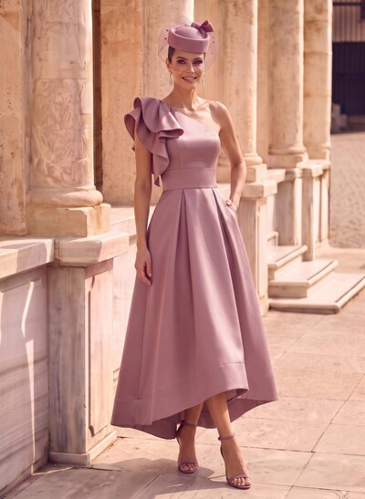 A-Line One-Shoulder Asymmetrical Satin Evening Dresses With Pockets