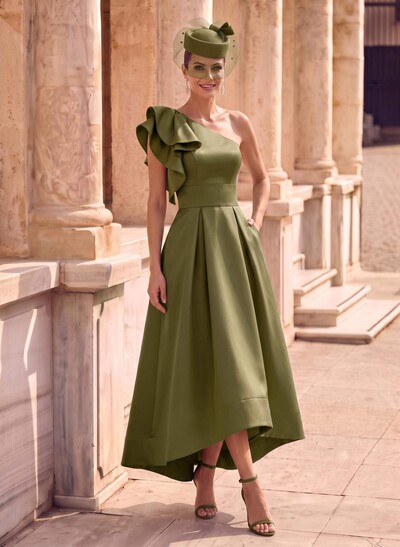 A-Line One-Shoulder Asymmetrical Satin Evening Dresses With Pockets