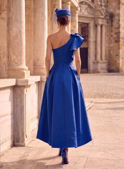 A-Line One-Shoulder Asymmetrical Satin Evening Dresses With Pockets