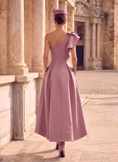A-Line One-Shoulder Asymmetrical Satin Evening Dresses With Pockets
