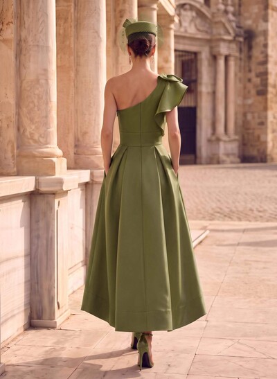 A-Line One-Shoulder Asymmetrical Satin Evening Dresses With Pockets