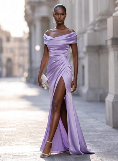 Sheath/Column Cowl Neck Short Sleeves Sweep Train Charmeuse Evening Dresses With Split Front