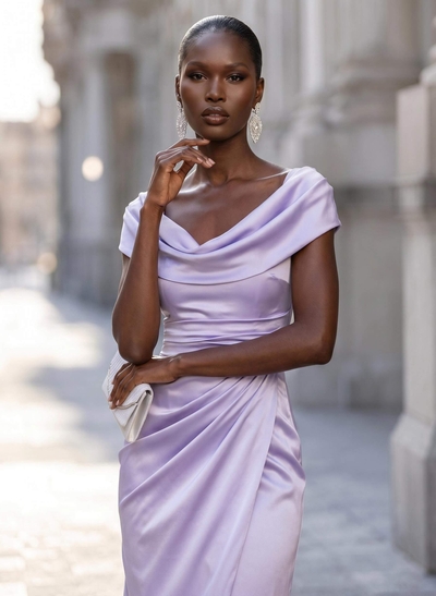 Sheath/Column Cowl Neck Short Sleeves Sweep Train Charmeuse Evening Dresses With Split Front