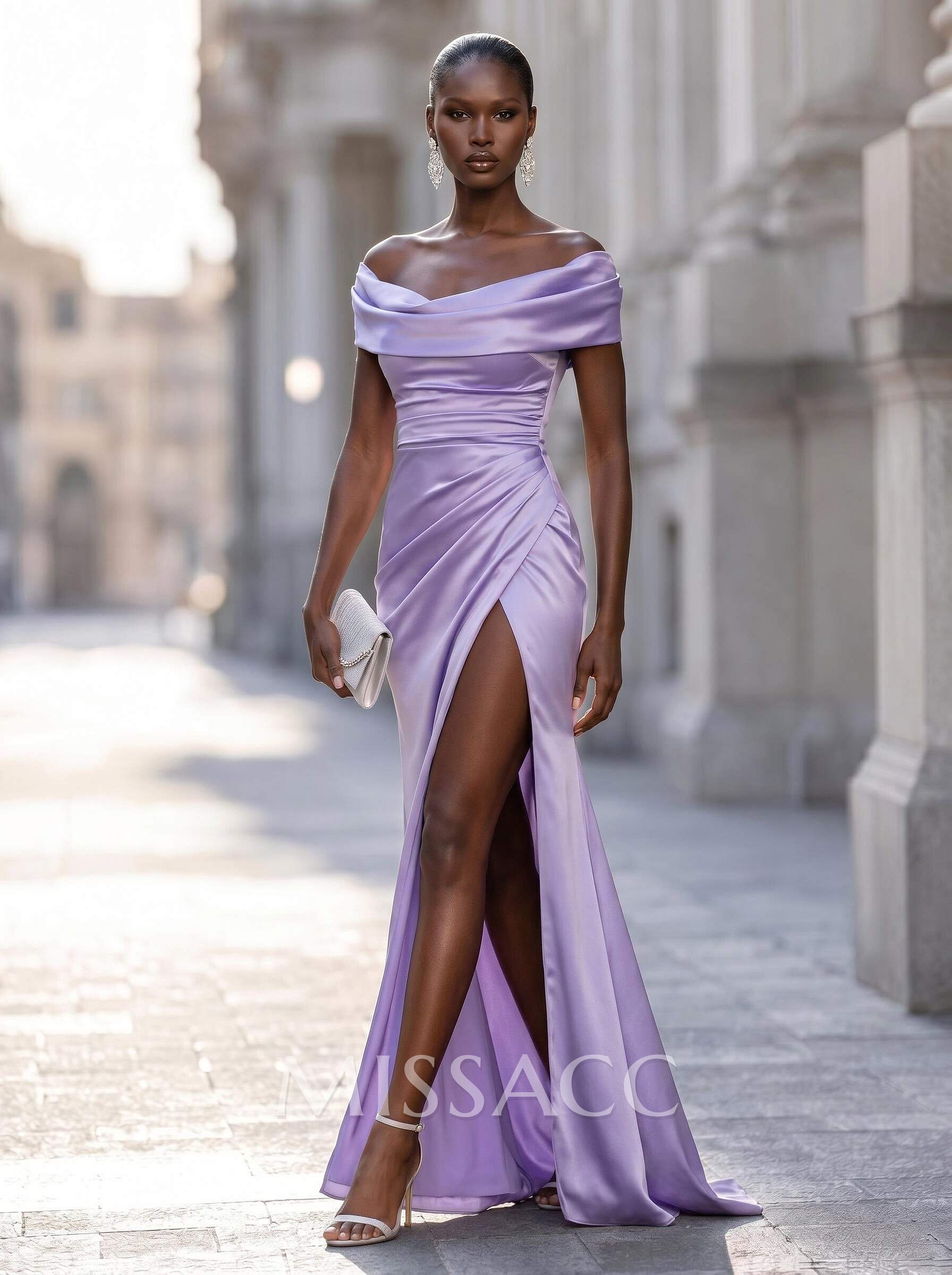 Sheath/Column Cowl Neck Short Sleeves Sweep Train Charmeuse Evening Dresses With Split Front Sheath/Column Cowl Neck Short Sleeves Sweep Train Charmeuse Evening Dresses With Split Front