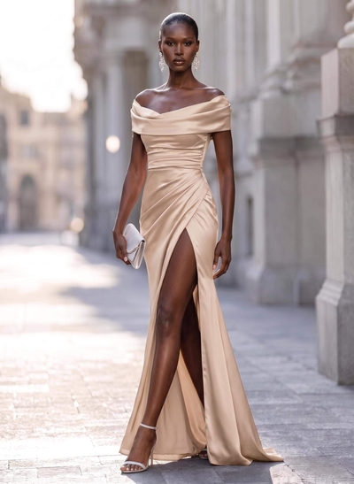 Sheath/Column Cowl Neck Short Sleeves Sweep Train Charmeuse Evening Dresses With Split Front