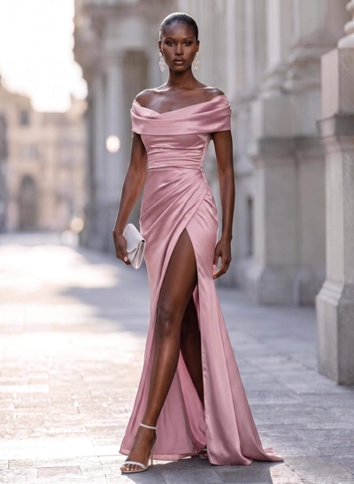 Sheath/Column Cowl Neck Short Sleeves Sweep Train Charmeuse Evening Dresses With Split Front