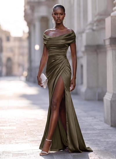 Sheath/Column Cowl Neck Short Sleeves Sweep Train Charmeuse Evening Dresses With Split Front