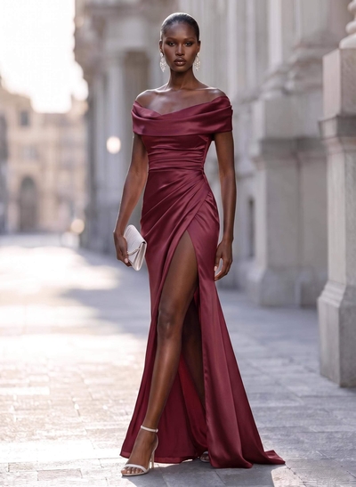 Sheath/Column Cowl Neck Short Sleeves Sweep Train Charmeuse Evening Dresses With Split Front