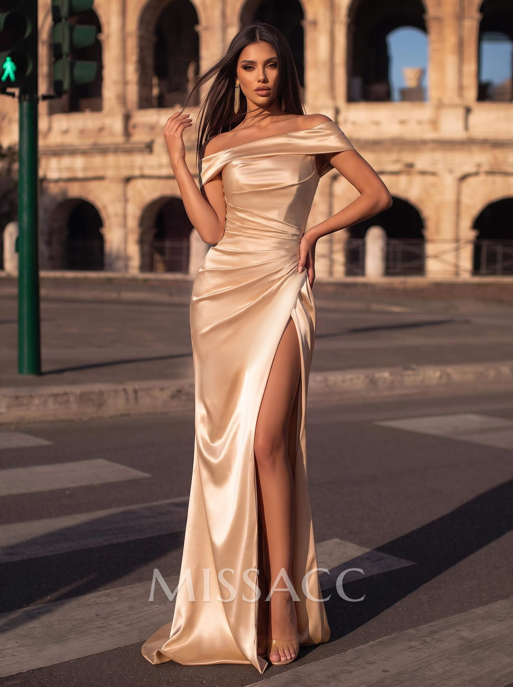 Off-The-Shoulder Simple High Slit Evening Dresses
