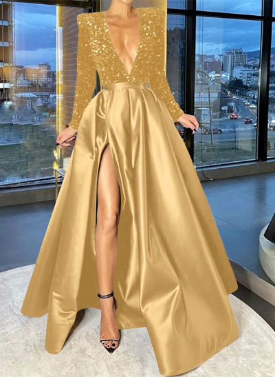 Sparkly Long Sleeves Deep-V A-Line Prom Dresses With Satin Slit