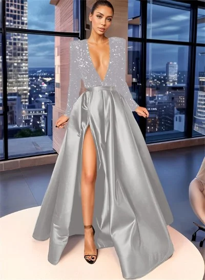 shiny plain long sleeve evening dresses Gia Chic A-Line Pleated Long Sleeves Satin Formal Dresses, Navy Blue