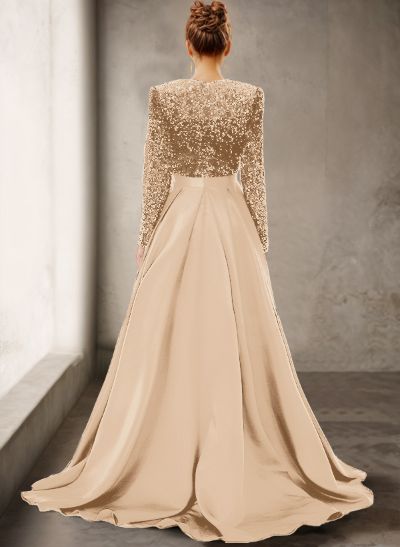 Sparkly Long Sleeves Deep-V A-Line Evening Dresses With Satin Slit