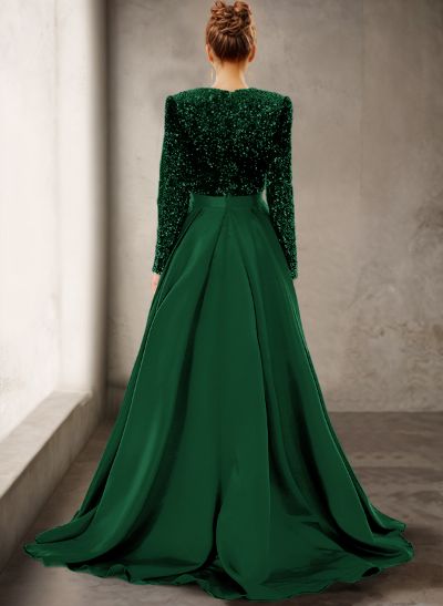 Sparkly Long Sleeves Deep-V A-Line Evening Dresses With Satin Slit