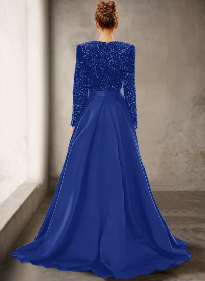 Sparkly Long Sleeves Deep-V A-Line Evening Dresses With Satin Slit