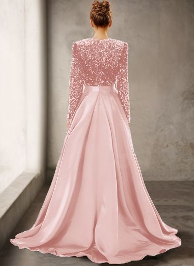 Sparkly Long Sleeves Deep-V A-Line Evening Dresses With Satin Slit