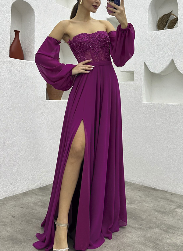 A-Line Off-The-Shoulder Long Sleeves Chiffon/Lace Evening Dresses With Split Front